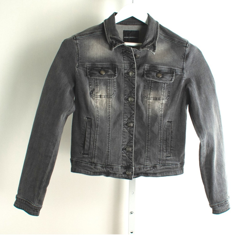 Rock & Republic Gray Denim Jacket American Flag Back Patriotic Women's Size M - Picture 1 of 8